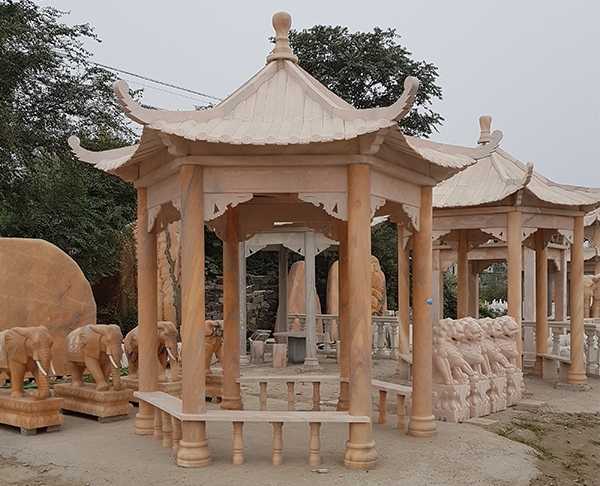 傳統單層六角石雕中式大理石涼亭